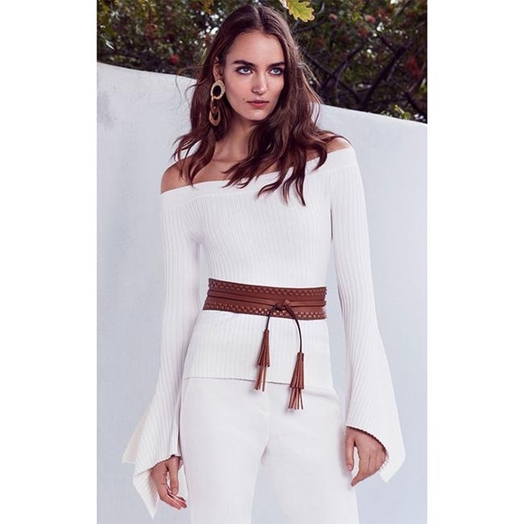 BCBG MaxAzria Gardenia Cream Stevie Ribbed Off The Shoulder Bell Sleeve Sweater - Picture 13 of 13